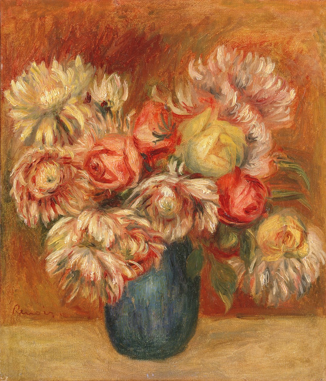 绿色花瓶中的菊花（布面油画） 作者 皮埃尔·奥古斯特·雷诺阿