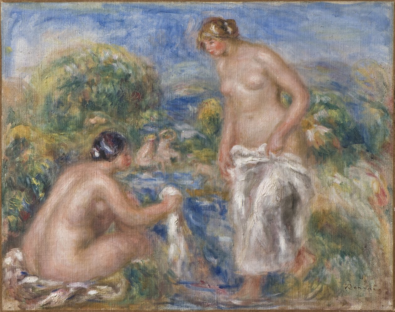 Femmes au bain - 洗澡的女人，由雷诺阿，皮埃尔-奥古斯特（1841-1919）。布面油画。约1915-1916年。尺寸：40,5x51厘米。斯德哥尔摩国家博物馆 作者 皮埃尔·奥古斯特·雷诺阿