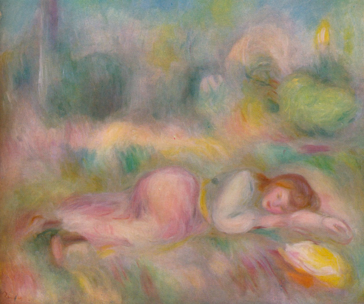 女孩躺在草地上，c1890 作者 皮埃尔·奥古斯特·雷诺阿