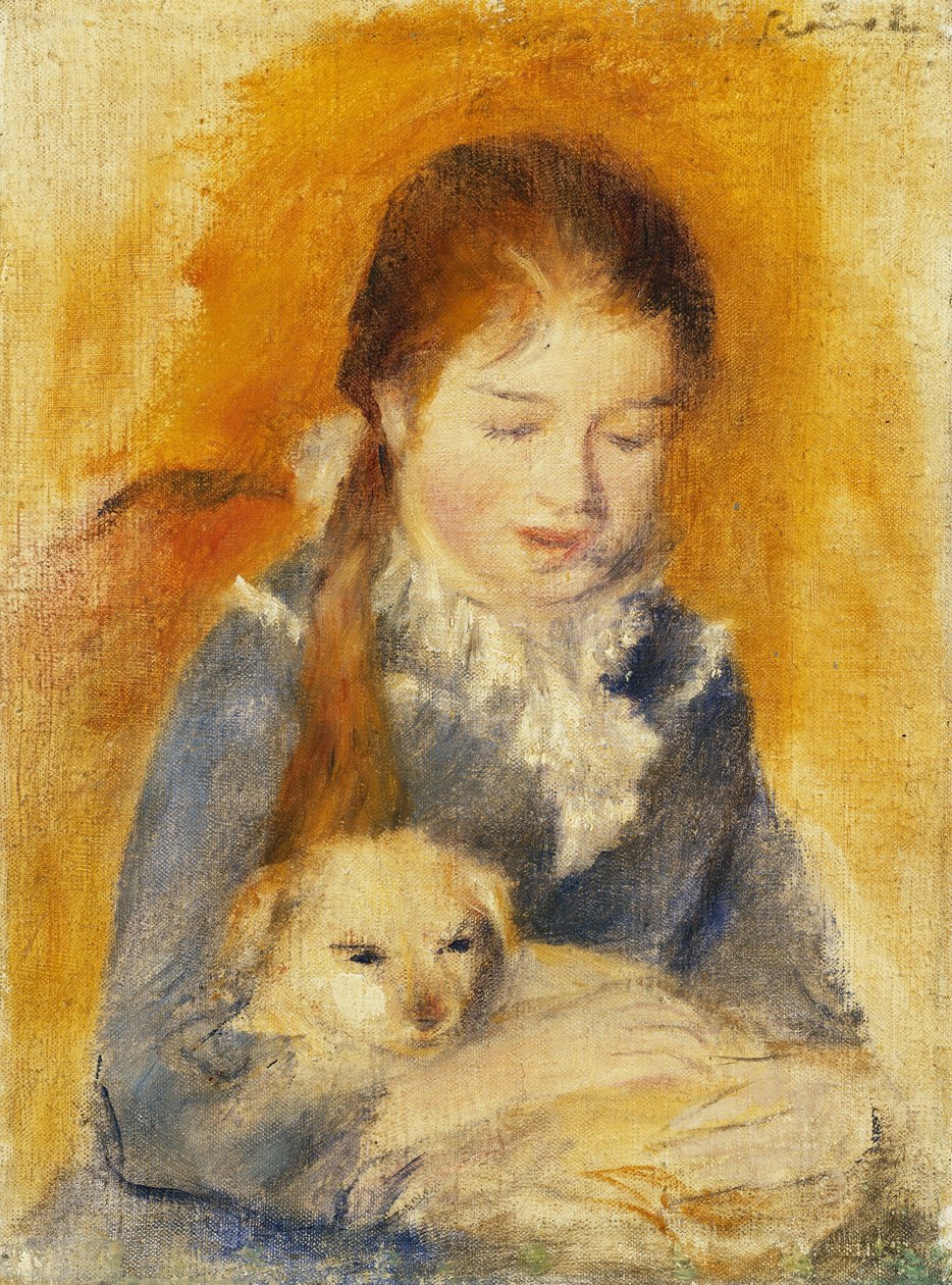 狗的女孩Fillette au Chien，约1875年（布面油画） 作者 皮埃尔·奥古斯特·雷诺阿