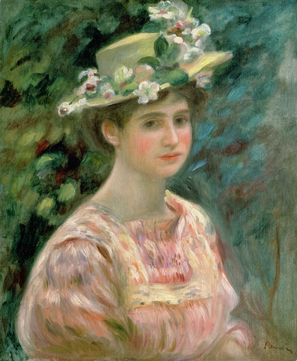 有Eglantines的女孩在她的帽子，c.1896 作者 皮埃尔·奥古斯特·雷诺阿