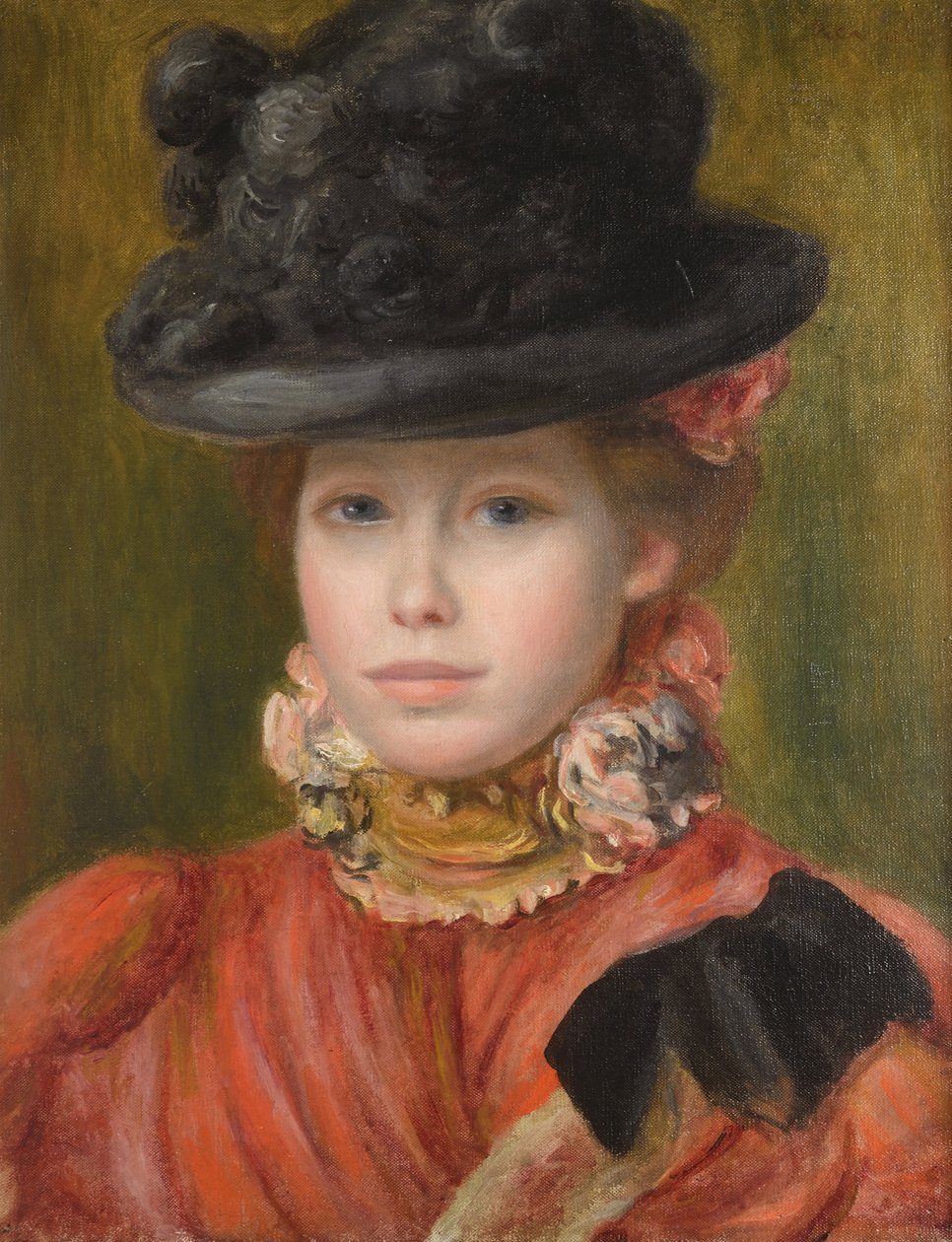 Jeune fille au chapeau noir et fleur rouge - Girl in black hat with red flowers par Renoir, Pierre Auguste (1841-1919), c. 1890 - Oil on canvas - Private Collection 作者 皮埃尔·奥古斯特·雷诺阿