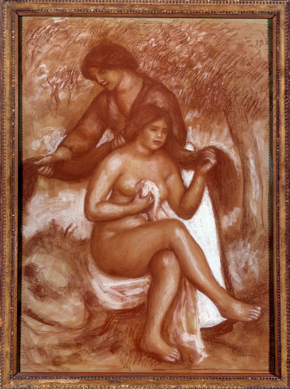 皮埃尔·奥古斯特·雷诺阿（Pierre Auguste Renoir）的血红色和白色底纹的绘图沐浴者的发型或洗手间 作者 皮埃尔·奥古斯特·雷诺阿