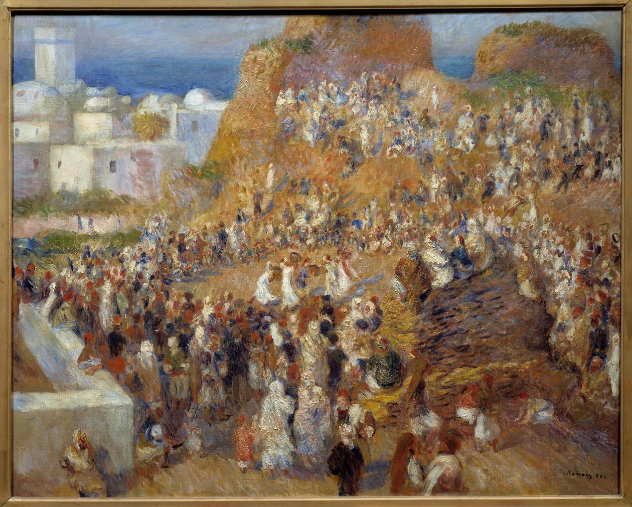 La mosquee, arab fete Show of dances and musics in Algiers - Pierre Auguste Renoir (1841-1919) 作画，1881 年昏暗 0,73x0,92 米巴黎，奥赛博物馆 - 清真寺。 阿拉伯节日。 阿尔及尔的舞蹈表演和音乐家。 皮埃尔·奥古斯特·雷诺阿 (Pierre Auguste Renoir) 的画作 (184 作者 皮埃尔·奥古斯特·雷诺阿