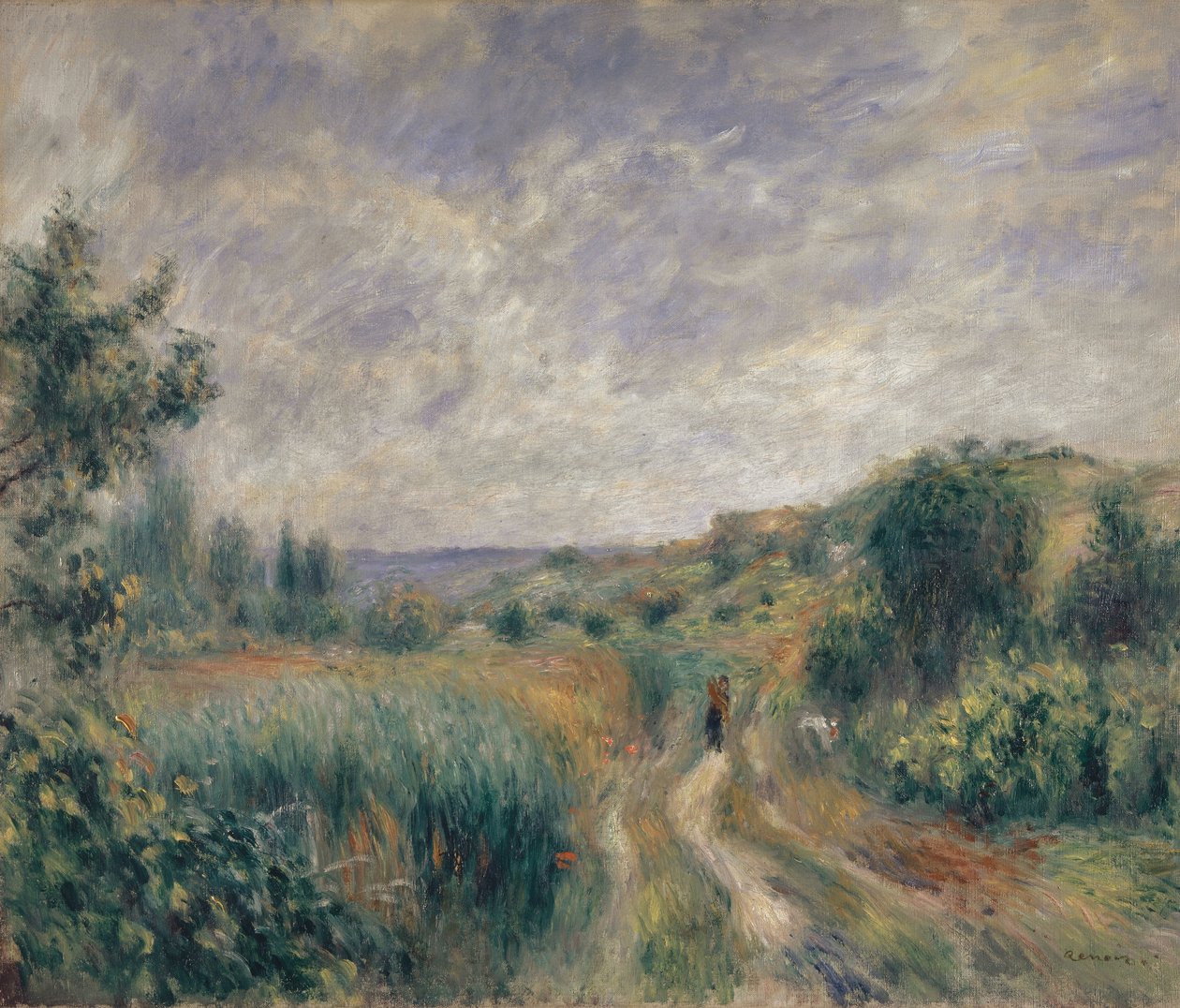 Essoyes附近的风景 草地上有两个人物的风景，1892年。 作者 皮埃尔·奥古斯特·雷诺阿