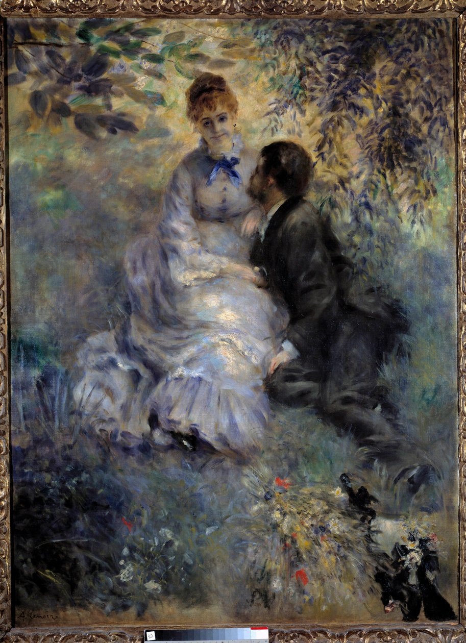 Lovers. Couple sitting in a garden. Painting by Pierre Auguste Renoir (1841-1919) 作者 皮埃尔·奥古斯特·雷诺阿