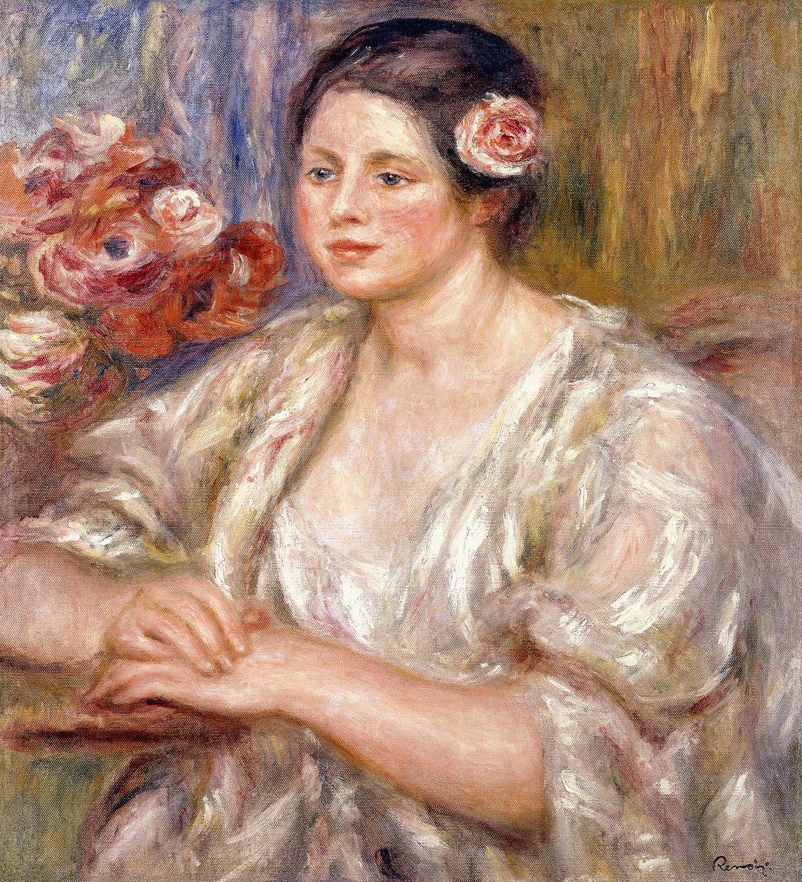 玛德琳（Madeleine），身穿白色上衣，束鲜花，约1915-1919年 作者 皮埃尔·奥古斯特·雷诺阿