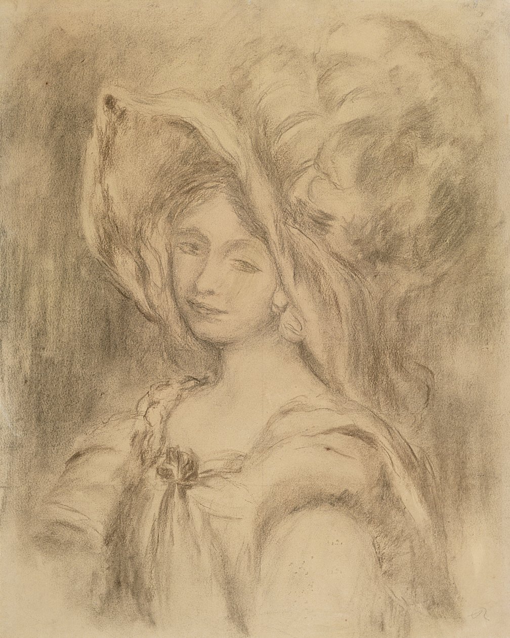 戴着帽子的Mme Dieterle，c.1896（纸上的木炭） 作者 皮埃尔·奥古斯特·雷诺阿