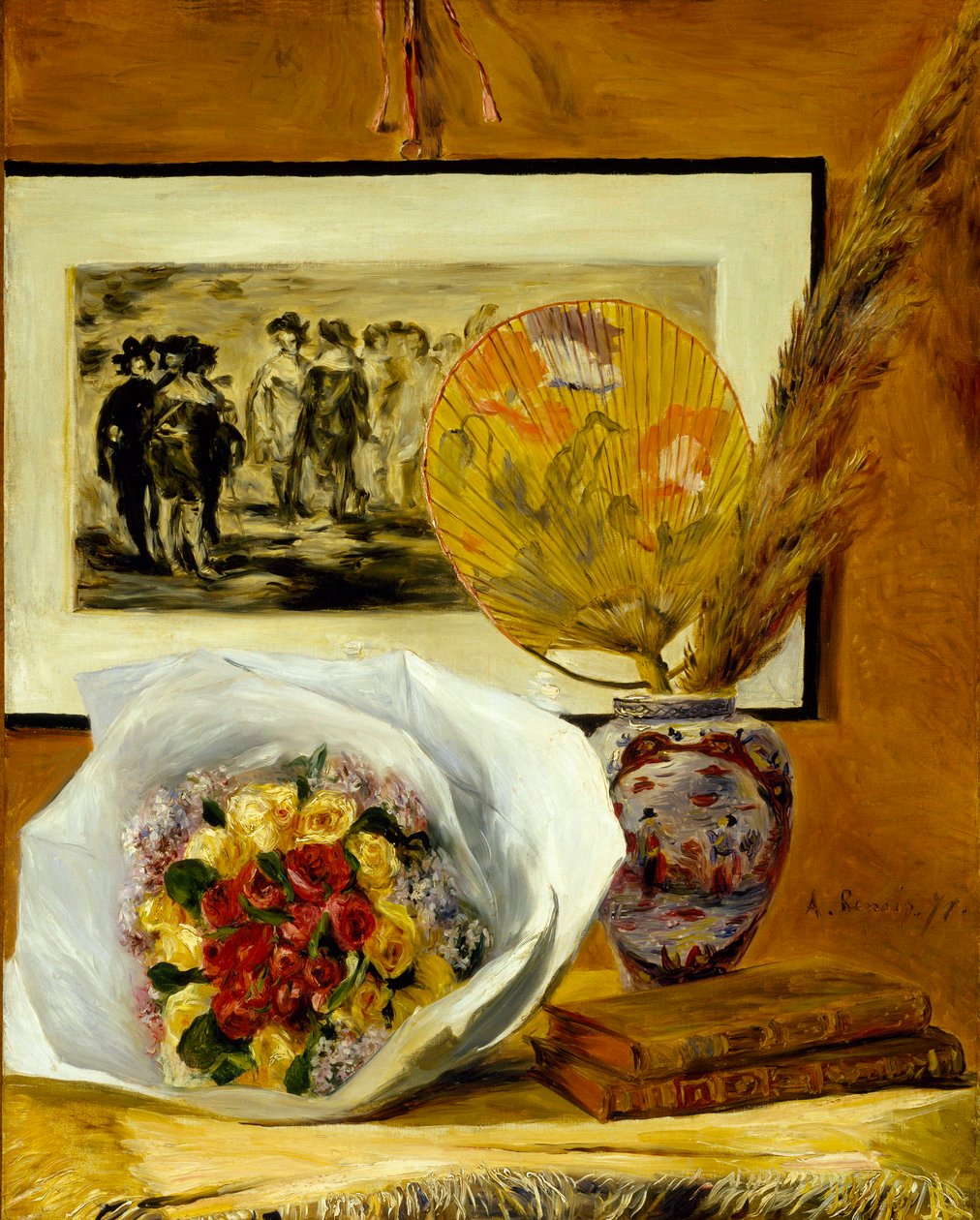 "" Nature morte au bouquet "" (Still Life with Bouquet) 皮埃尔·奥古斯特·雷诺阿 (1841-1919) 作画，1871 年暗淡 73x58 厘米布面油画 1871 年休斯顿美术博物馆 作者 皮埃尔·奥古斯特·雷诺阿