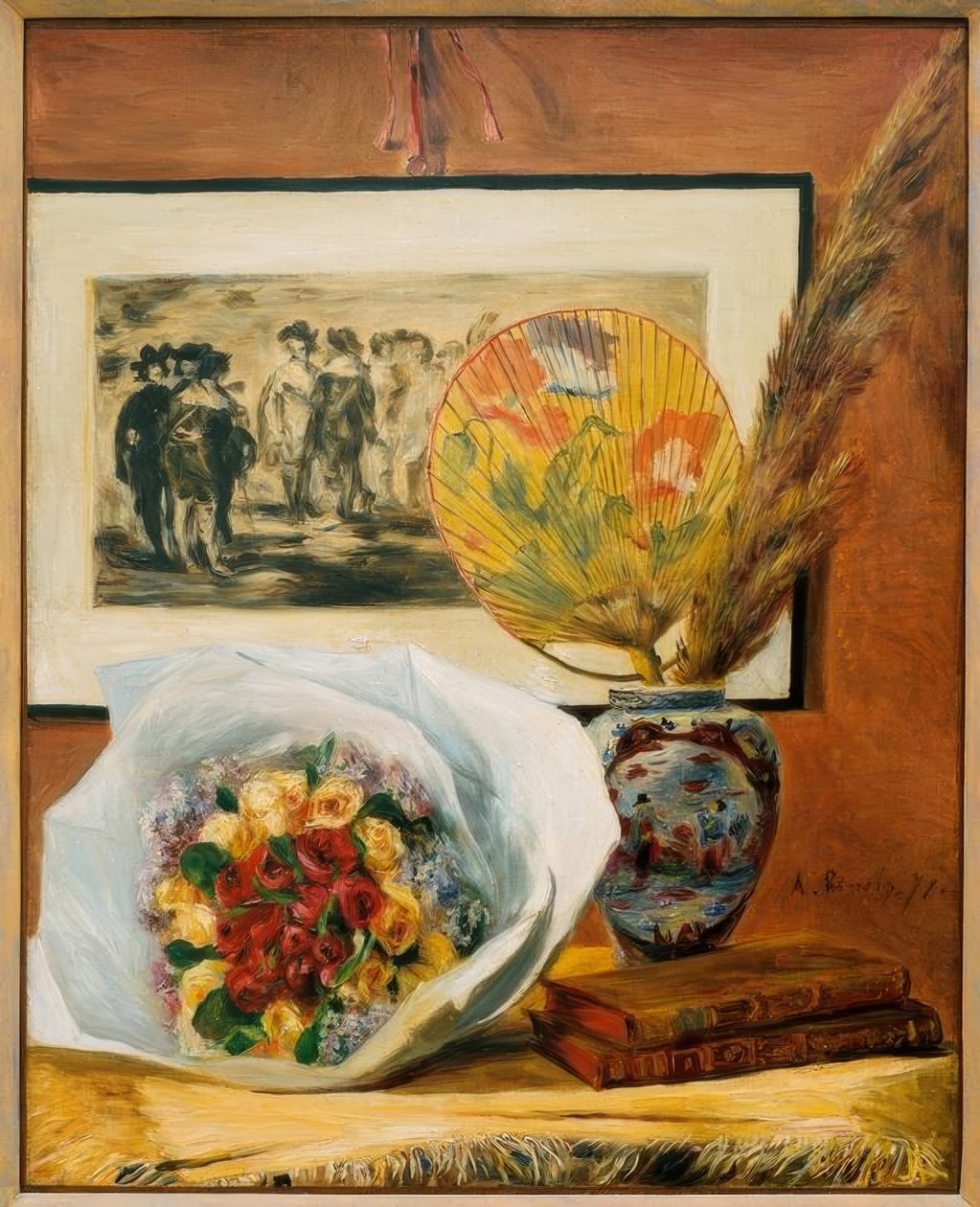 静物与花束和风扇 作者 皮埃尔·奥古斯特·雷诺阿