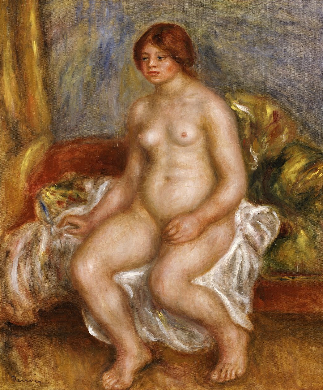 绿色坐垫的裸体女人，1909年 作者 皮埃尔·奥古斯特·雷诺阿