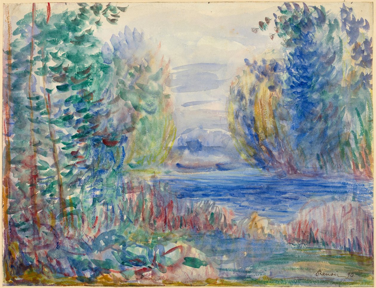 ""Paysage de riviere ""（河流风景）水彩画，皮埃尔·奥古斯特·雷诺阿（1841-1919）1890 年尺寸 25.4x33.8 厘米阿尔贝蒂娜，维也纳 作者 皮埃尔·奥古斯特·雷诺阿