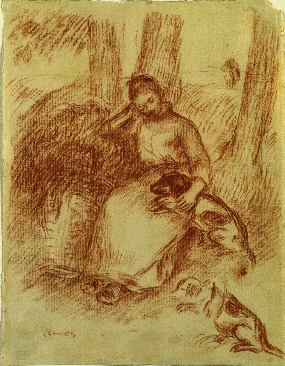 有狗的农民女孩，c。 1894年。 作者 皮埃尔·奥古斯特·雷诺阿
