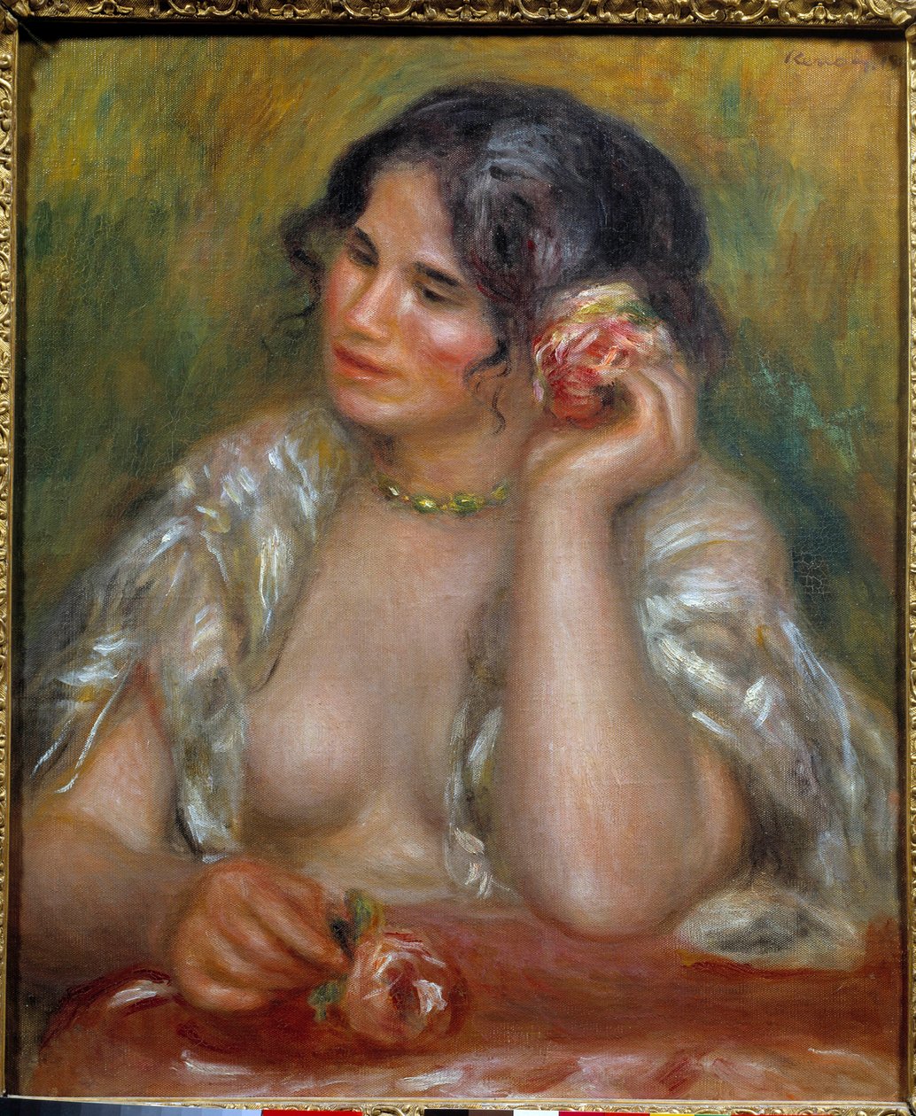 Gabrielle a la rose (1878 - 1959) 的肖像。 皮埃尔·奥古斯特·雷诺阿 (1841-1919) 的绘画 作者 皮埃尔·奥古斯特·雷诺阿