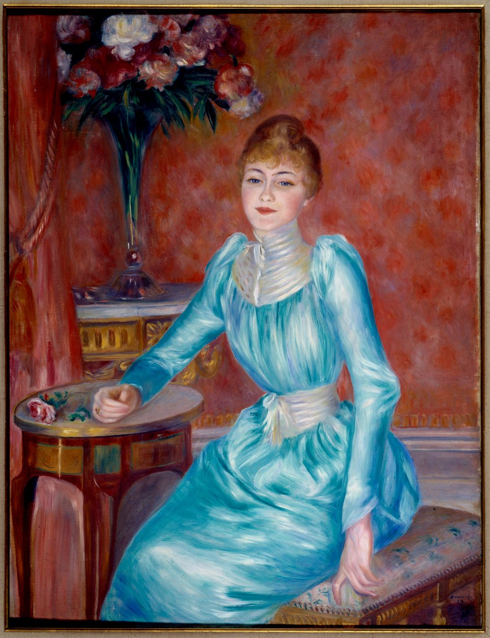 德-博尼耶斯夫人的肖像。亨丽埃特-德-博尼耶斯（1854-1906），费加罗的小说家和评论家罗伯特-德-博尼耶斯（1850-1905）的妻子。皮埃尔-奥古斯特-雷诺阿(1841-1919)的画作，1889年，太阳。1,17x0,89米 巴黎，Petro Palais博物馆 作者 皮埃尔·奥古斯特·雷诺阿