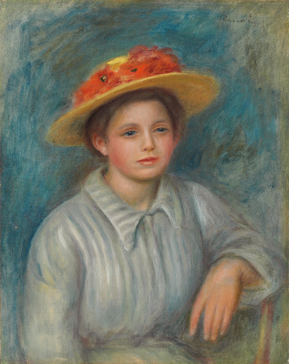 有花的帽子的女人的画像; 1890年，戴着花帽的女人的画像 作者 皮埃尔·奥古斯特·雷诺阿