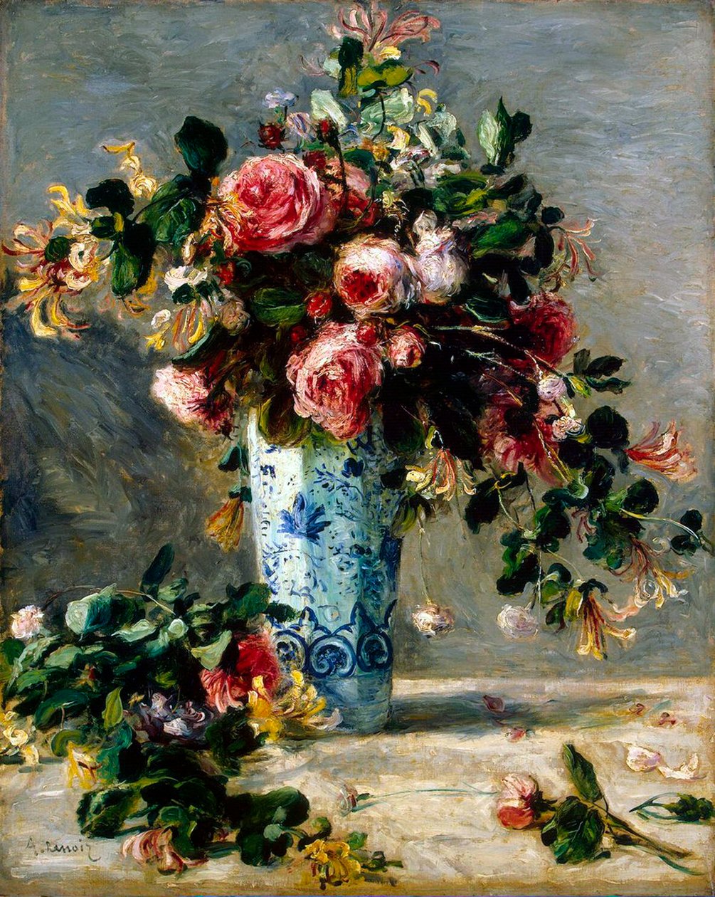 代尔夫特花瓶中的玫瑰和茉莉花，1880-1881年。 作者 皮埃尔·奥古斯特·雷诺阿