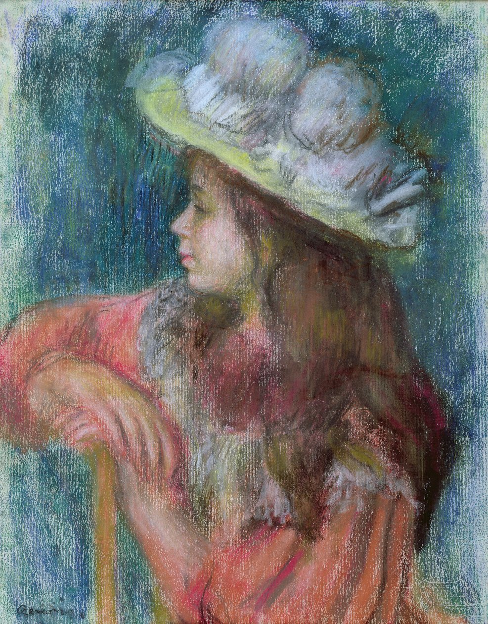 白色帽子的坐着的年轻女孩，1884年（纸上粉彩） 作者 皮埃尔·奥古斯特·雷诺阿