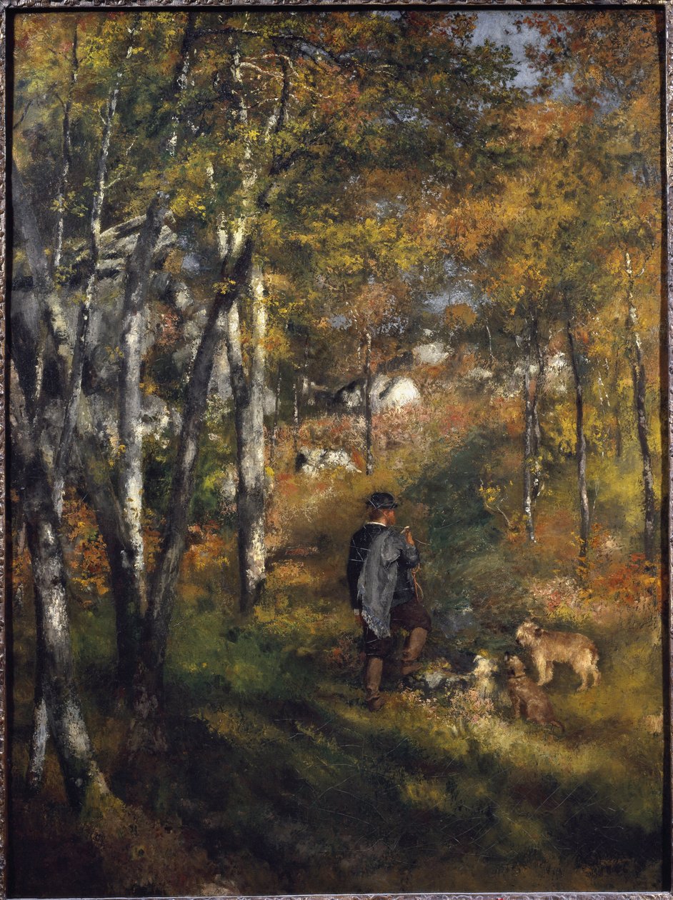 画家 Jules Le Coeur 和他的狗在枫丹白露的森林里 Pierre-Auguste Renoir (1841-1919) 的绘画 1866 暗淡 105x79 cm 圣保罗，艺术博物馆，巴西 作者 皮埃尔·奥古斯特·雷诺阿