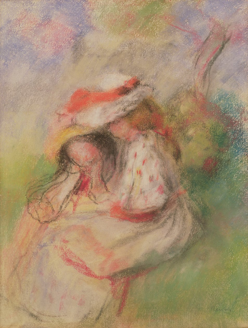 两个年轻女孩在花园里，c.1885（粉彩） 作者 皮埃尔·奥古斯特·雷诺阿
