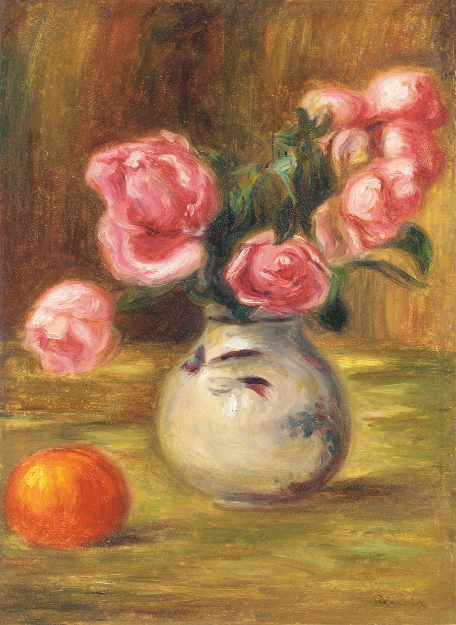 花瓶玫瑰和橙子，1910年 作者 皮埃尔·奥古斯特·雷诺阿