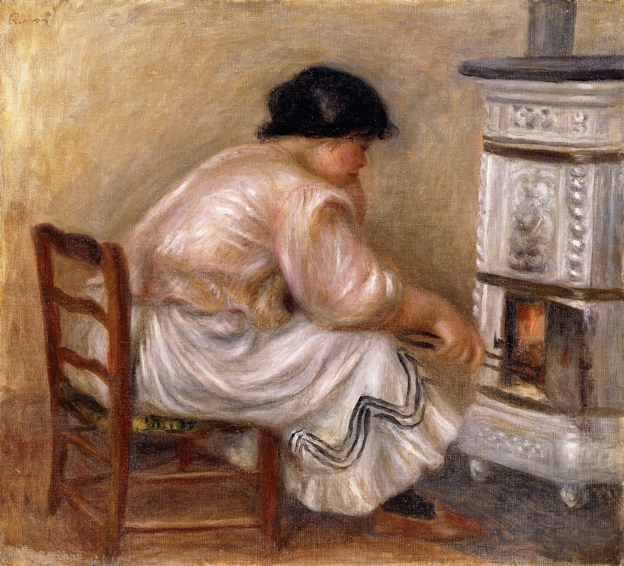 女人在炉子的拐角处； Femme au Coin du Poele，1912年 作者 皮埃尔·奥古斯特·雷诺阿