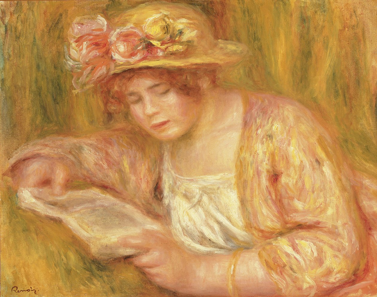 戴帽子的女人阅读，c.1917-18（布面油画） 作者 皮埃尔·奥古斯特·雷诺阿