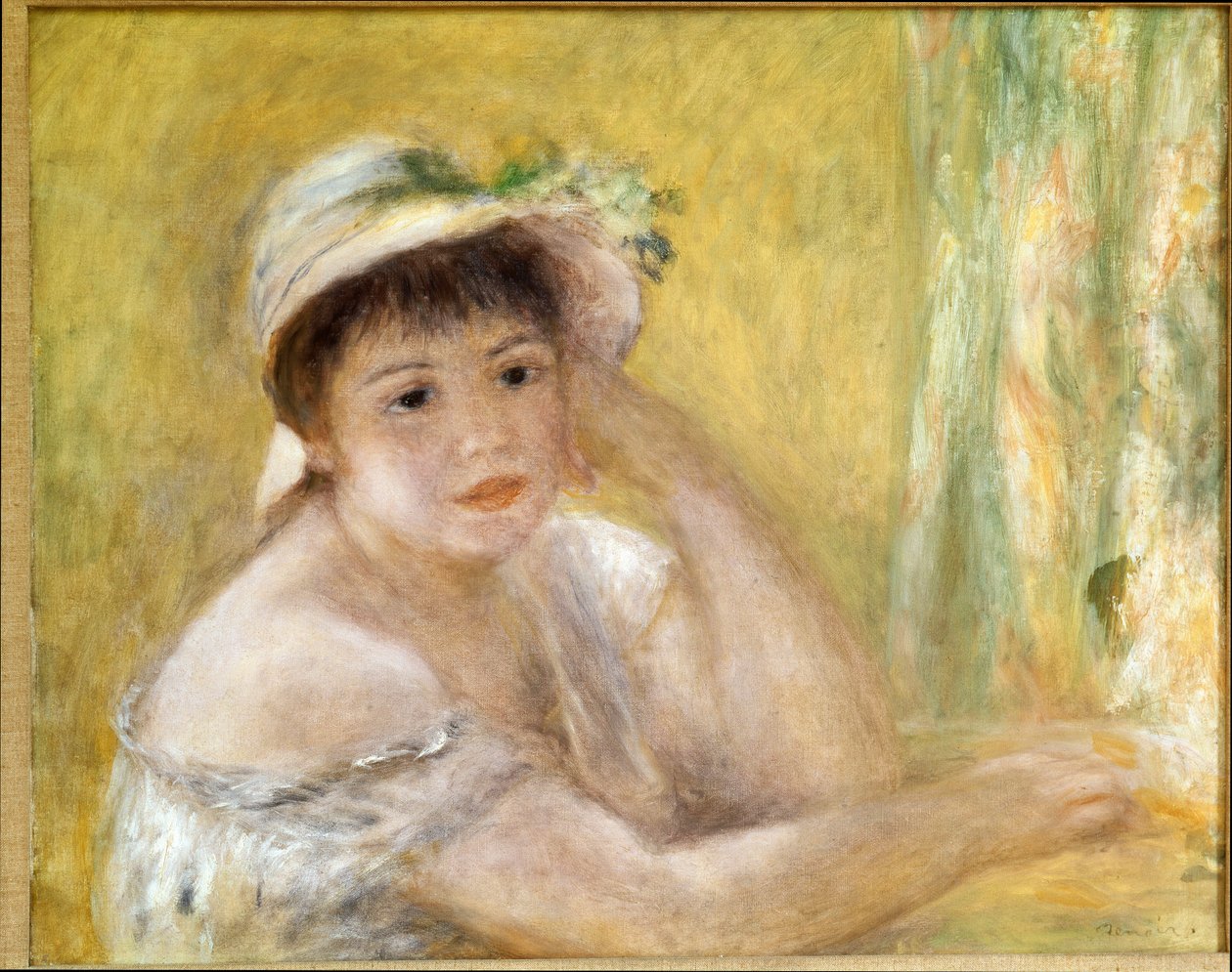 戴着草帽的女人。 皮埃尔·奥古斯特·雷诺阿 (Pierre-Auguste 作者 皮埃尔·奥古斯特·雷诺阿