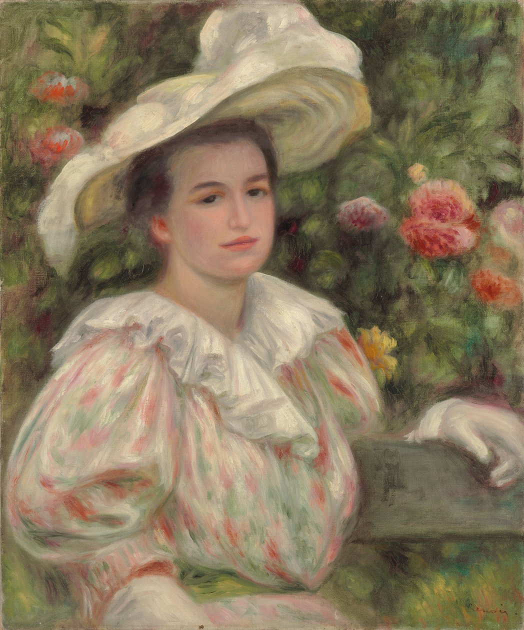 花中的少女或戴白帽子的女人；黄金花姑娘女孩戴白帽子的女人，约1895年 作者 皮埃尔·奥古斯特·雷诺阿