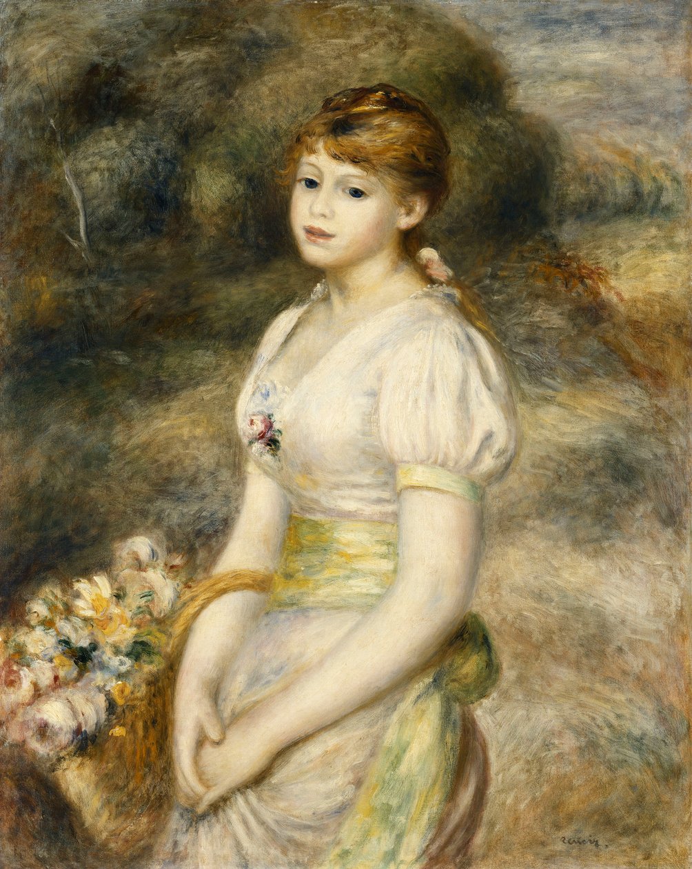 提着一篮鲜花的小女孩;提着花篮的年轻女孩，1888年 作者 皮埃尔·奥古斯特·雷诺阿
