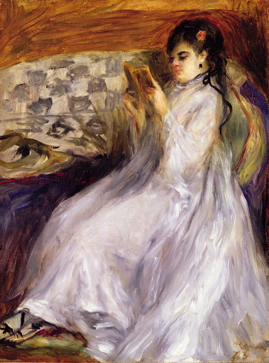 年轻女子读书，约1873年（布面油画） 作者 皮埃尔·奥古斯特·雷诺阿