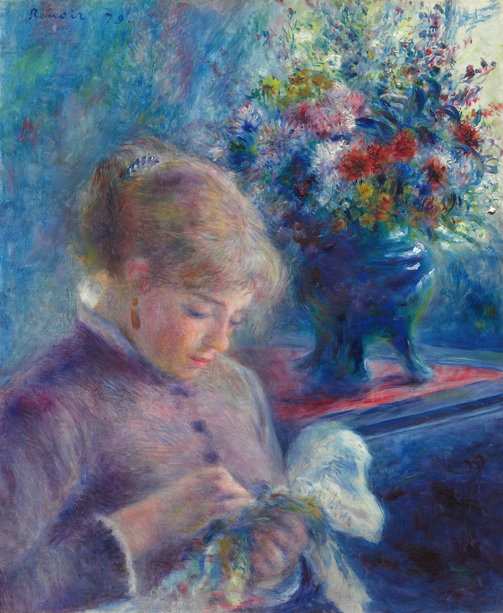 缝纫的年轻女子，1879年。 作者 皮埃尔·奥古斯特·雷诺阿