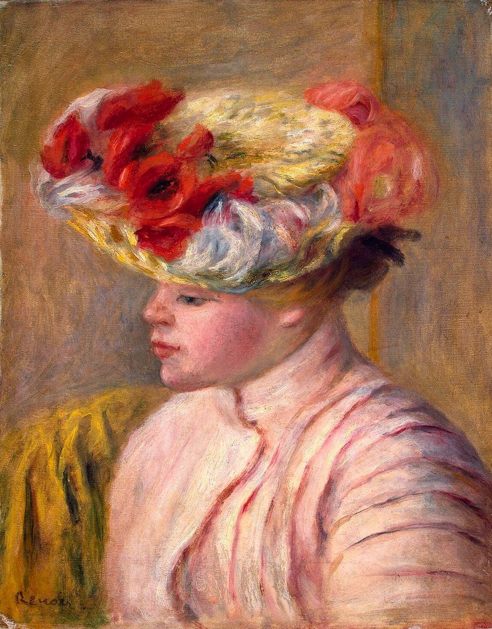 戴花帽的年轻女子，1892年。 作者 皮埃尔·奥古斯特·雷诺阿