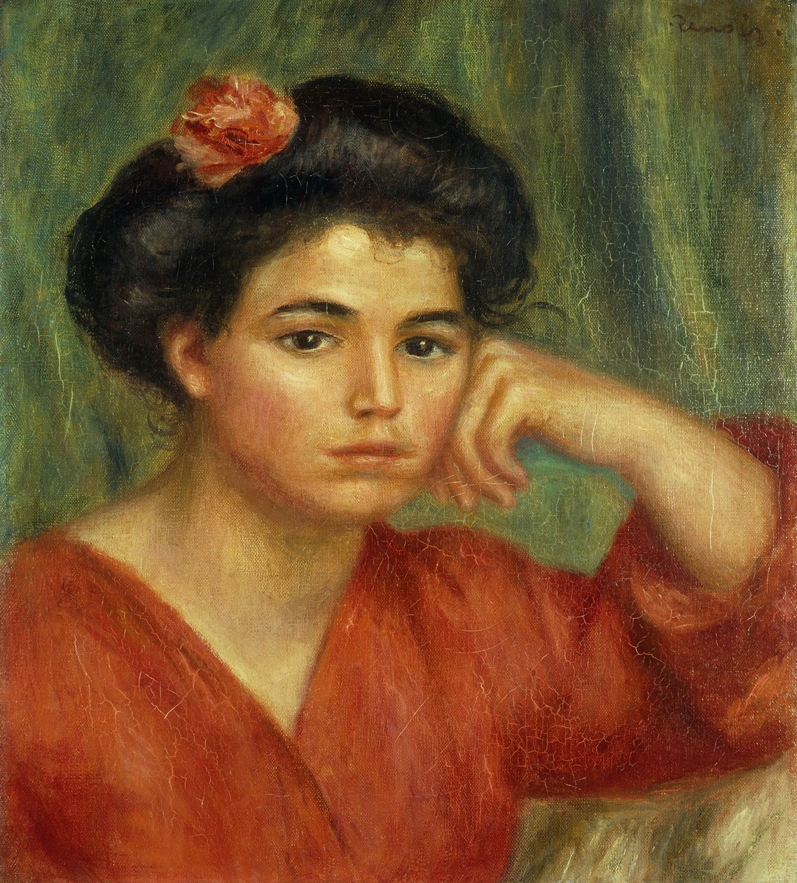 一朵玫瑰的年轻女子；玫瑰少女，1907年 作者 皮埃尔·奥古斯特·雷诺阿