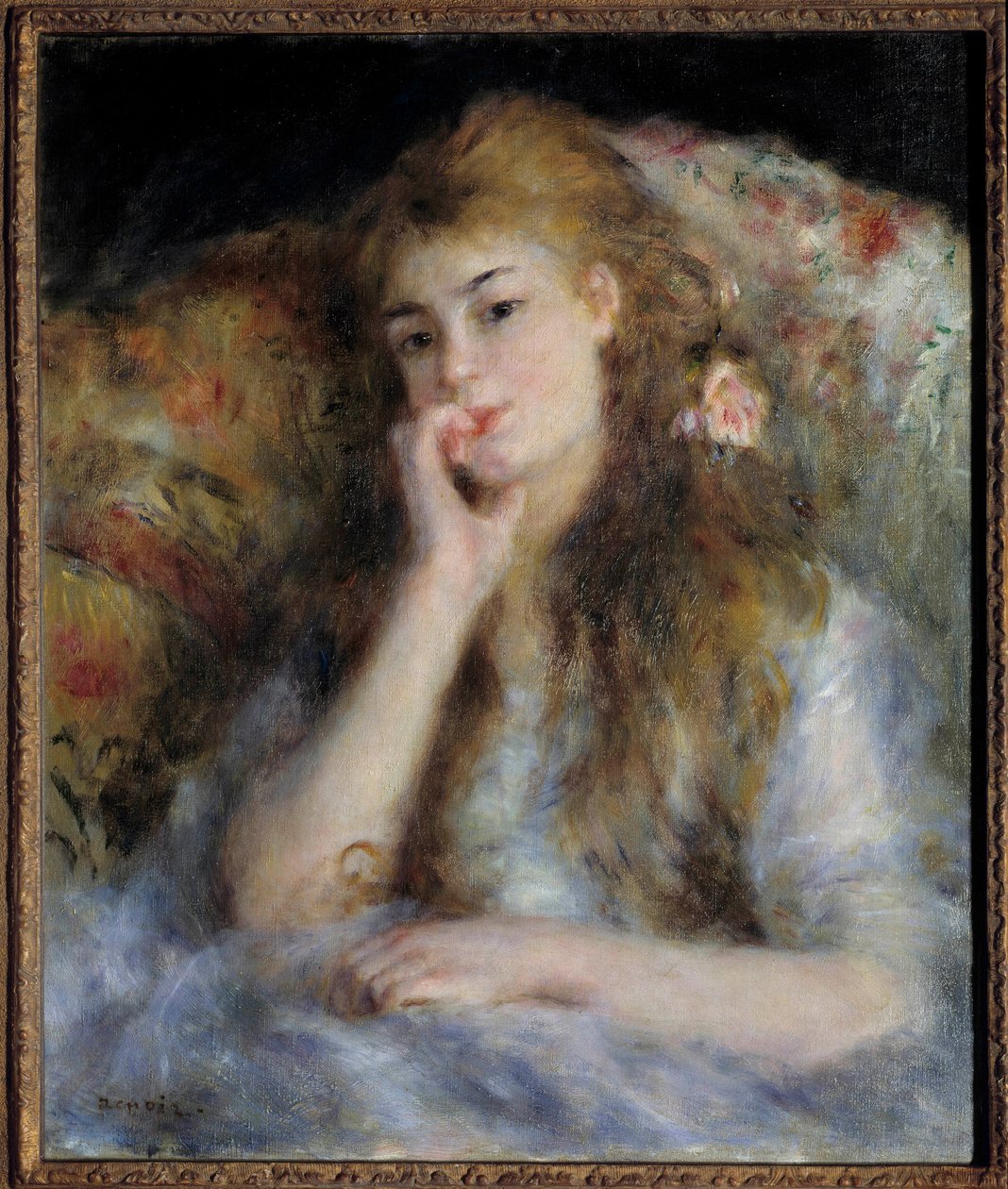 坐着的年轻女孩或“思想”” 皮埃尔·奥古斯特·雷诺阿（1841-1919）的绘画 1876 年私人收藏 - 坐着的年轻女子或“思想””。 皮埃尔·奥古斯特·雷诺阿 (1841-1919) 的绘画 作者 皮埃尔·奥古斯特·雷诺阿