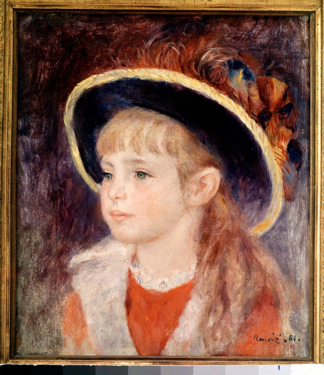 戴蓝帽子的年轻女孩：珍妮 (Jane) Henriot (1878-1900) 的肖像，3 月 9 日在法国喜剧的火中活着的死布丁 作者 皮埃尔·奥古斯特·雷诺阿