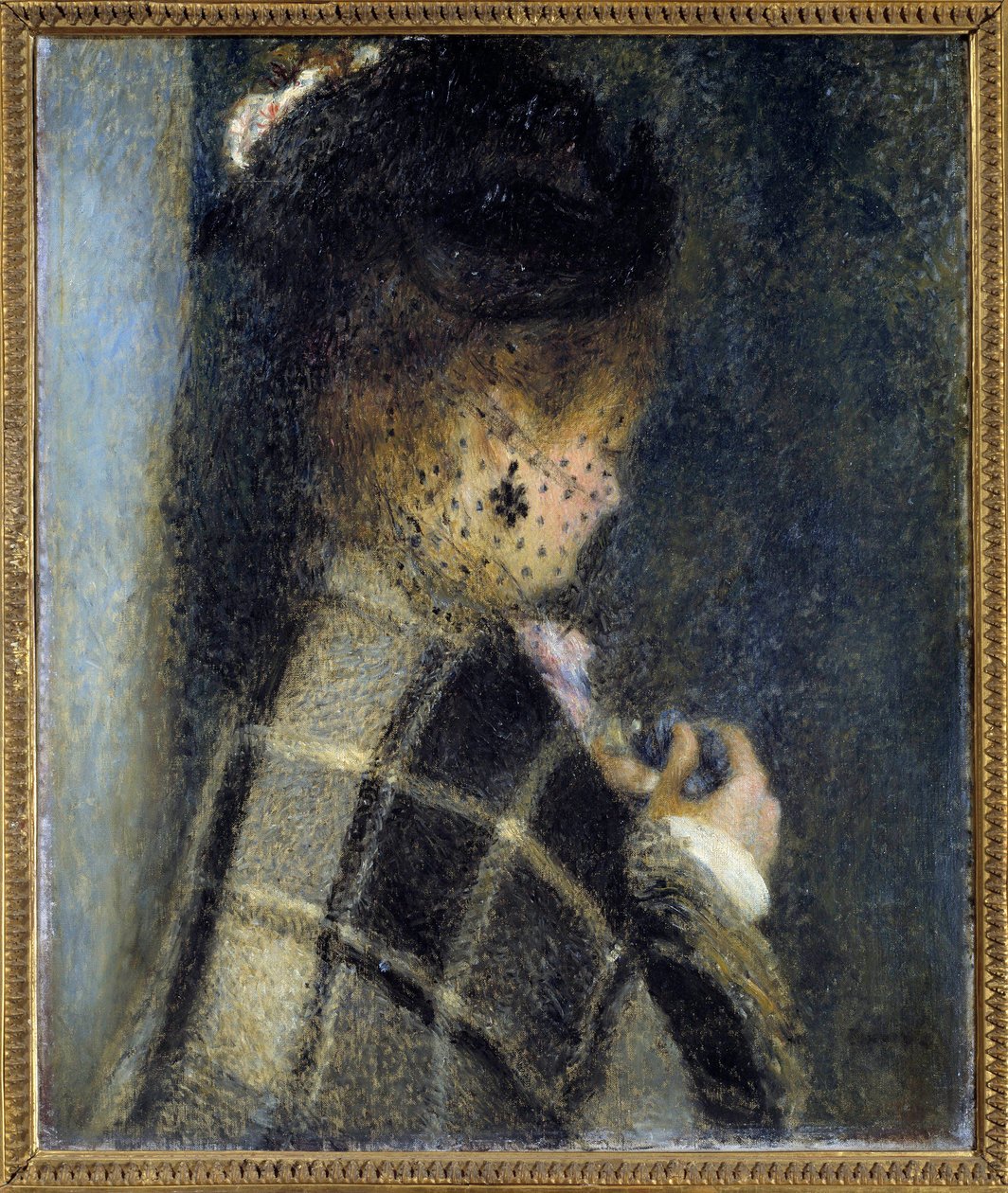 皮埃尔·奥古斯特·雷诺阿（Pierre Auguste Renoir，1841-1919）的画作，大约 1870 年 0,61x0,51 m 巴黎，奥赛博物馆 - 戴面纱的年轻女子。 皮埃尔·奥古斯特·雷诺阿 (1841-1919) 的绘画，约。 1870. 0.61 x 0.51 米。 巴黎奥赛博物馆 作者 皮埃尔·奥古斯特·雷诺阿