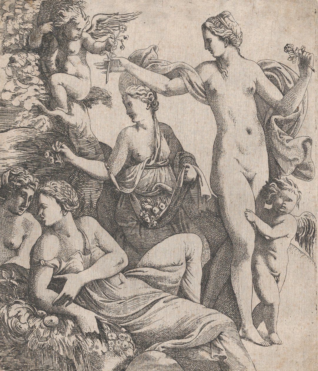 维纳斯，与三位圣女站在一起，被提供了一朵来自普托的花，1607-61。 作者 皮埃尔·比亚德