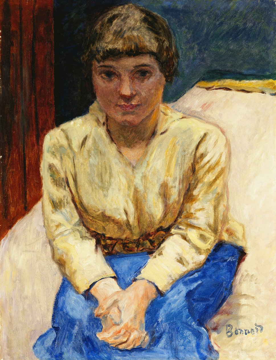 女孩坐着，双手交叉； 《坐着的年轻女孩》，勒芒·克鲁斯（Les Mans Croisees），约1916年（布面油画） 作者 皮埃尔·邦纳德