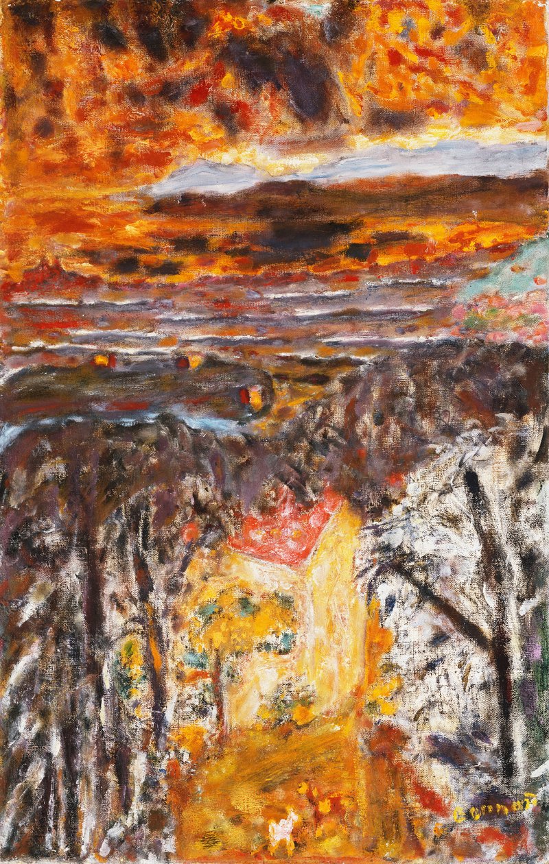 风景，粉红色的房子，日落；风景，《 La Maison Rose》，日落，约摄于1934年（布面油画） 作者 皮埃尔·邦纳德