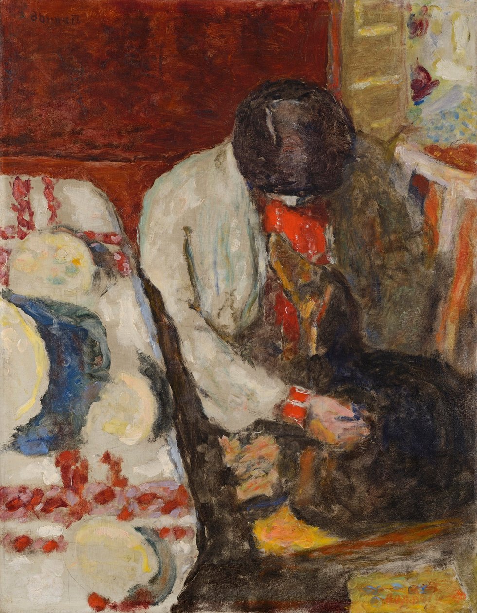铺着白色桌布的玛莎，1926年。 作者 皮埃尔·邦纳德