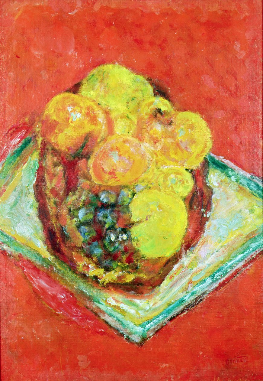 红色桌布上的桃子和葡萄，约1943年（布面油画 作者 皮埃尔·邦纳德
