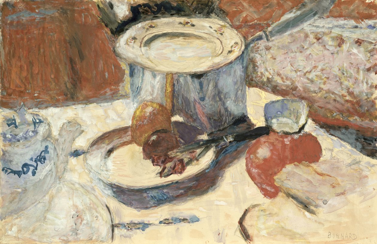 静物与汤锅，1930年（水粉和纸上的wc） 作者 皮埃尔·邦纳德