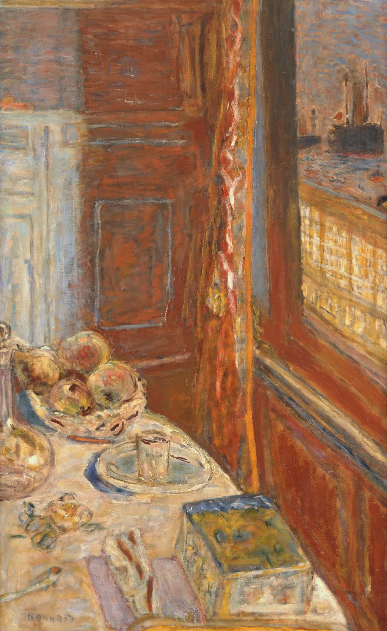 与通过窗口看见的船的静物画，c.1906 作者 皮埃尔·邦纳德