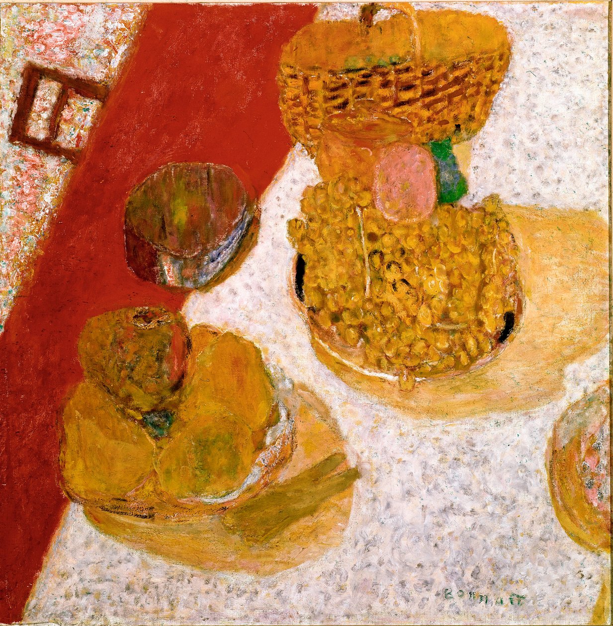 桌角的水果静物。皮埃尔-博纳尔(1867-1947)的画作，1935年，尺寸。67x63.5厘米 巴黎，国家现代艺术博物馆 作者 皮埃尔·邦纳德