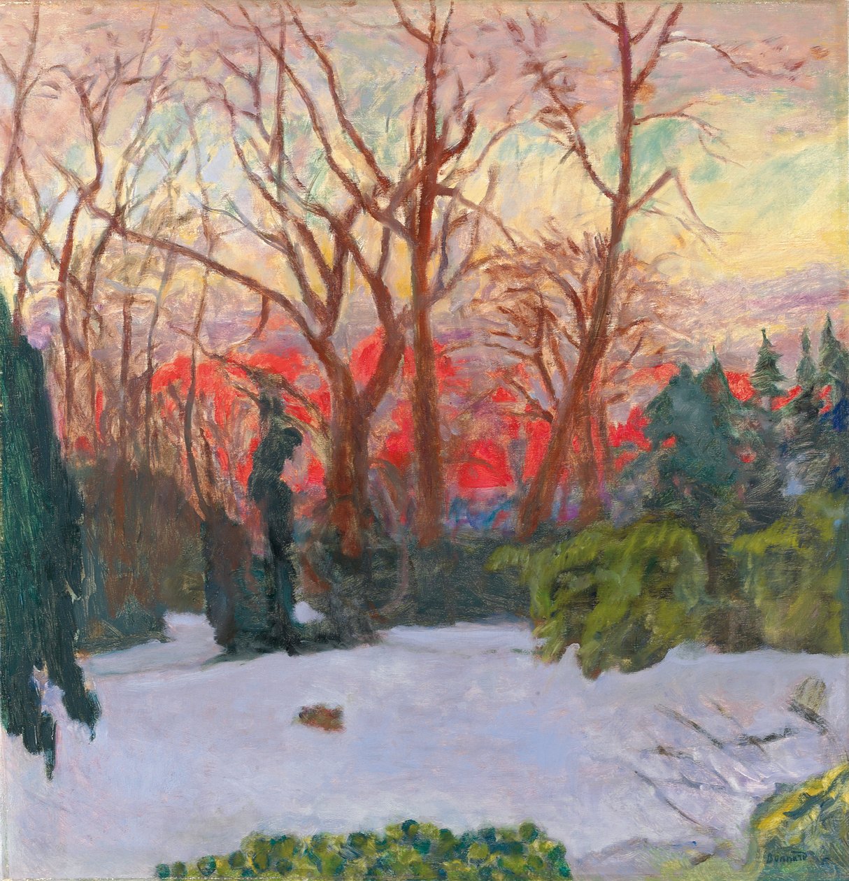雪下的花园，日落；雪中的花园，Soleil Couchant，约1910年（布面油画） 作者 皮埃尔·邦纳德