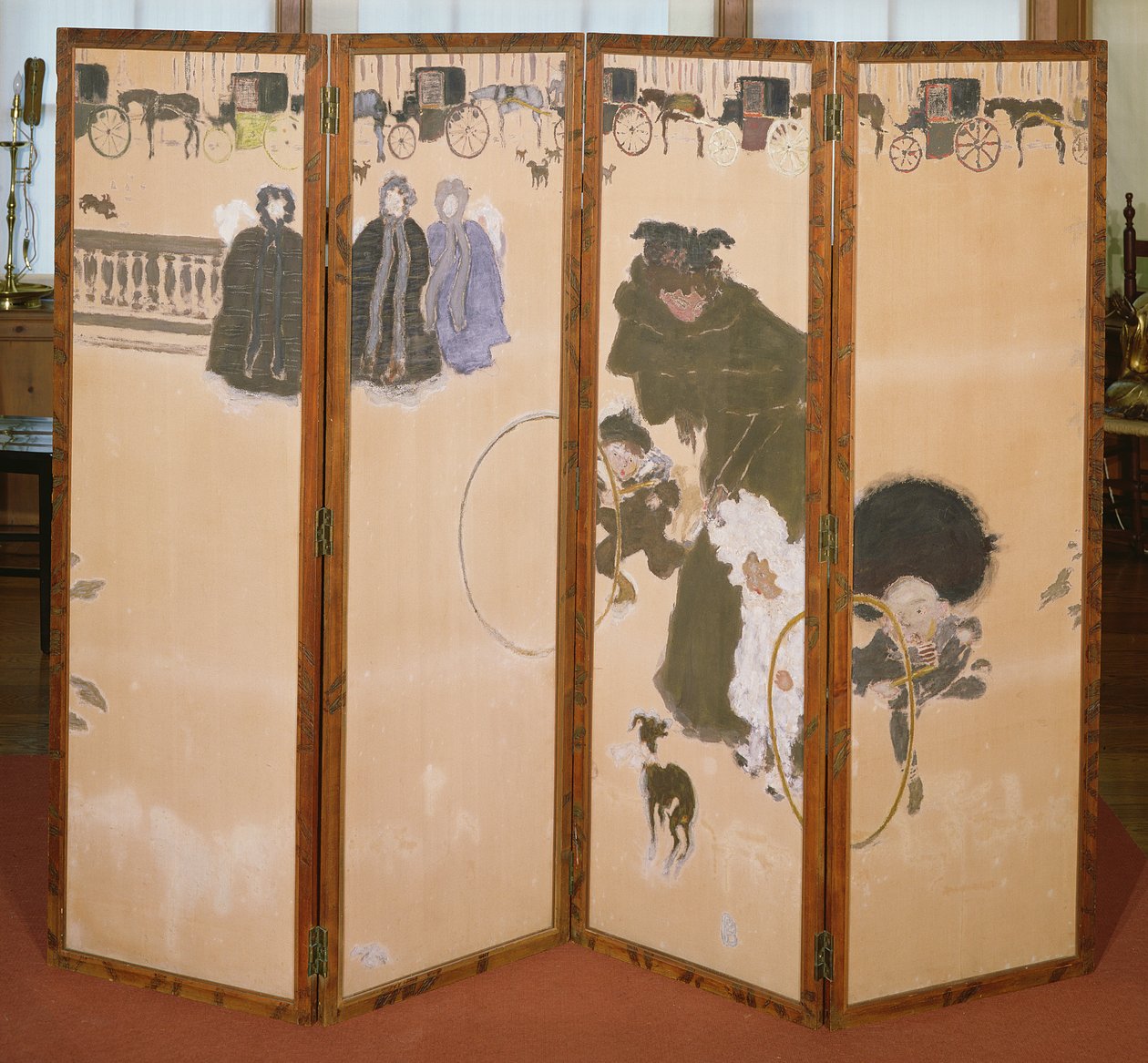 The Nannies外出散步或Hackney Carlicages的弗里兹，4个面板的折叠屏幕，1899（木制彩色印刷品） 作者 皮埃尔·邦纳德