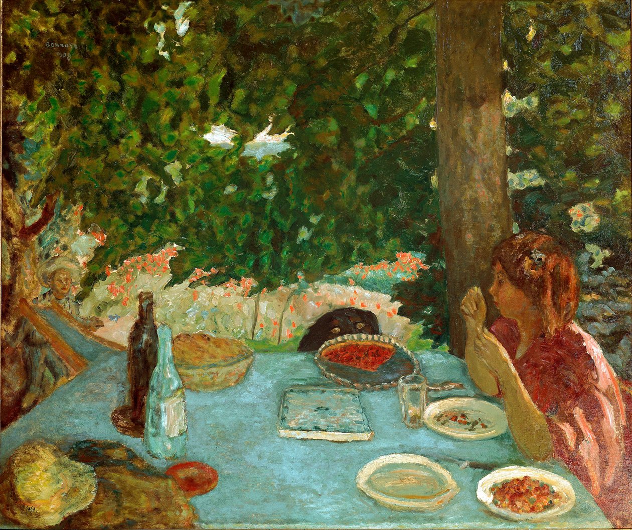 樱桃派 坐在花园里的年轻女人有一张桌子。 Pierre Bonnard (1867-1947) 的画作，1908 年昏暗。 115x126 厘米苏黎世，彼得·内森收藏 作者 皮埃尔·邦纳德