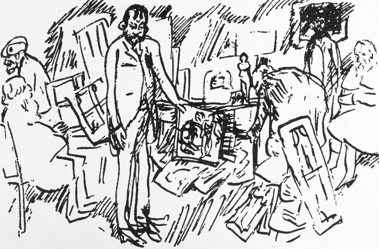 1895 年左右，巴黎艺术品经销商 Ambroise Vollard 在巴黎的商店：画家 Camille Pissarro、Auguste Renoir、Pierre Bonnard 和 Edgar Degas 与客户（纸上笔墨） 作者 皮埃尔·邦纳德