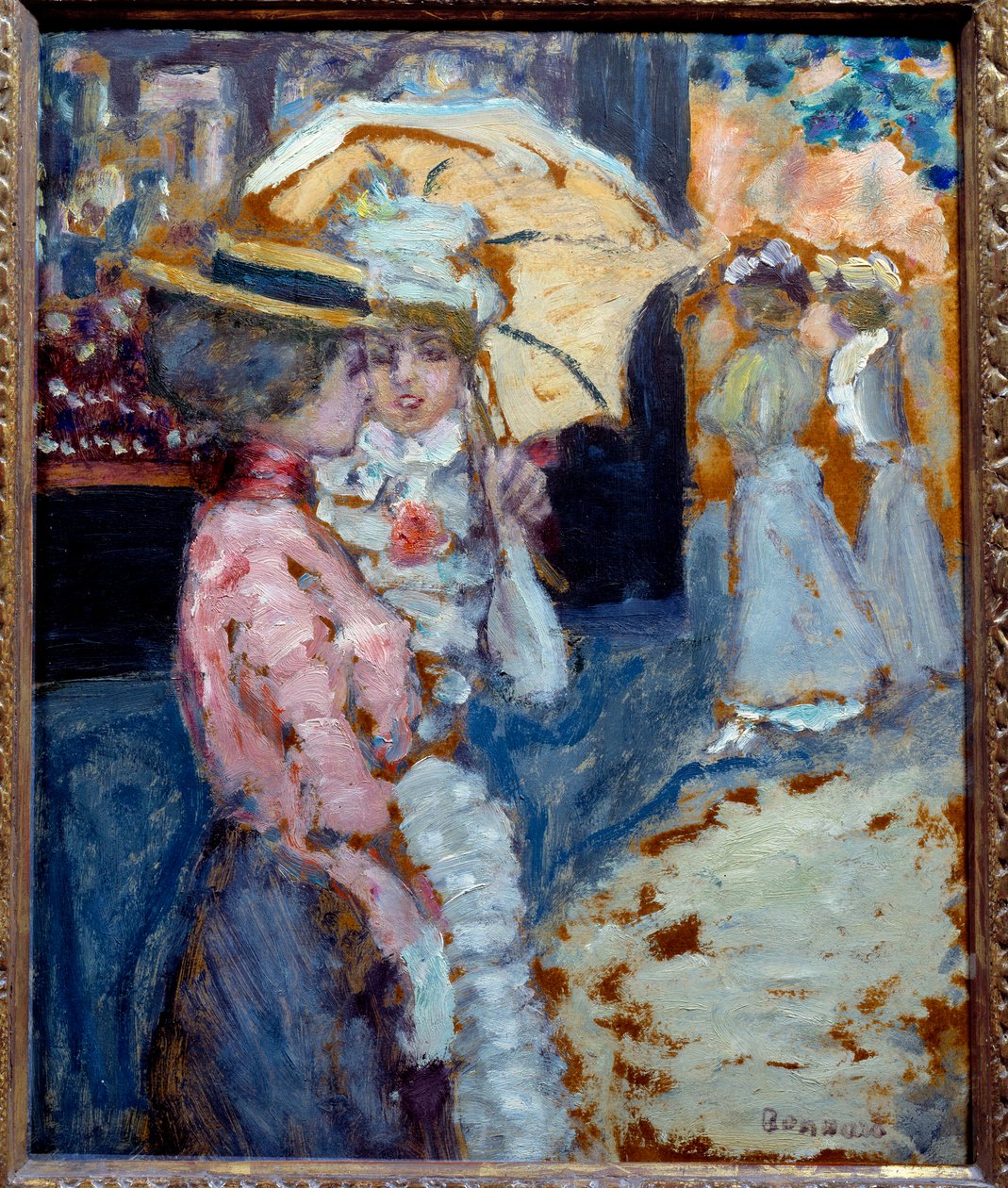 散步 两个优雅的年轻女子身着时尚 Belle Epoque，在她们的雨伞下交谈。 Pierre Bonnard (1867-1947) 1900 年作画。 0,38x0,21 m 私人收藏 作者 皮埃尔·邦纳德